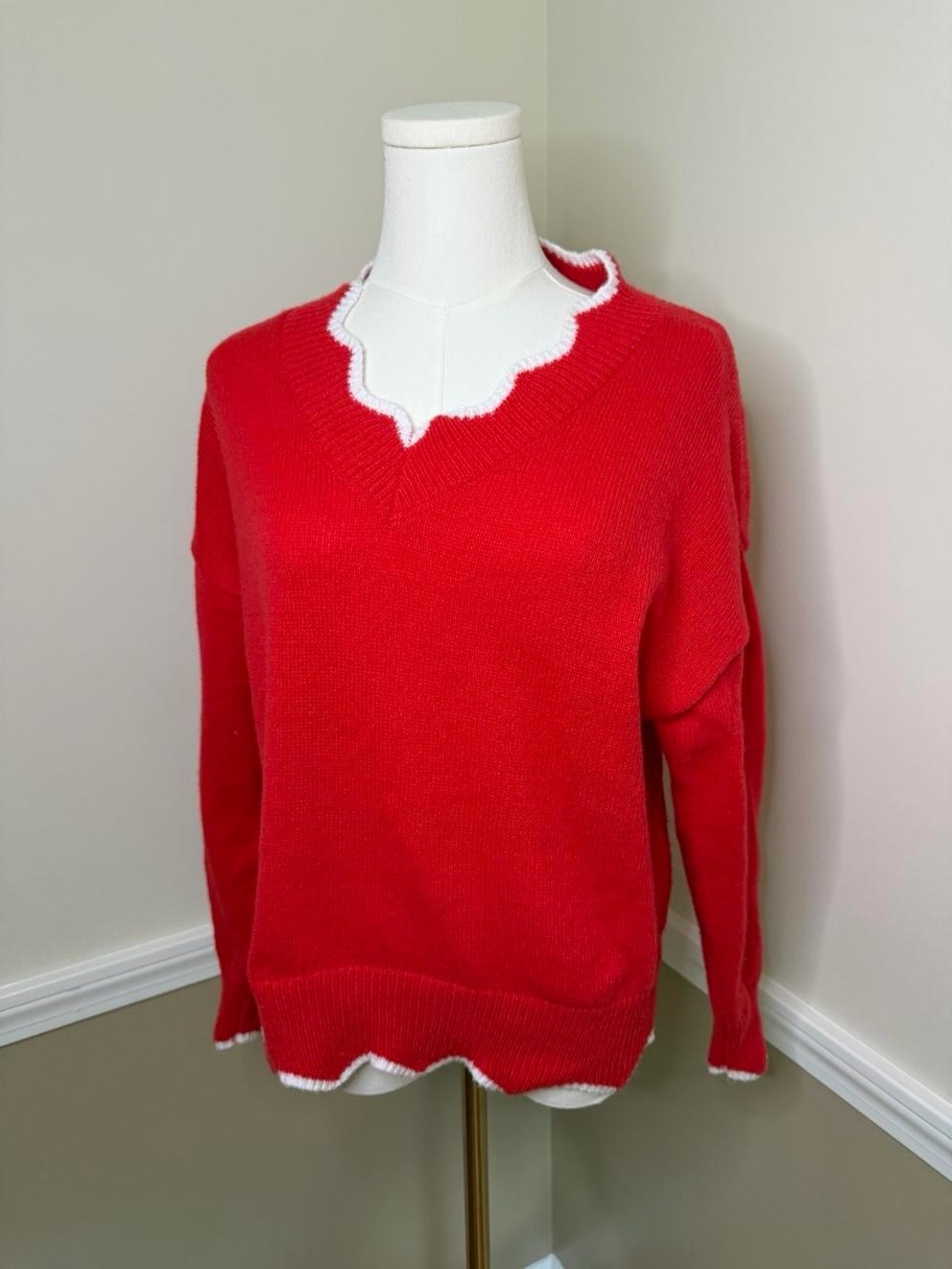 Red Scallop-Trim V-Neck Sweater